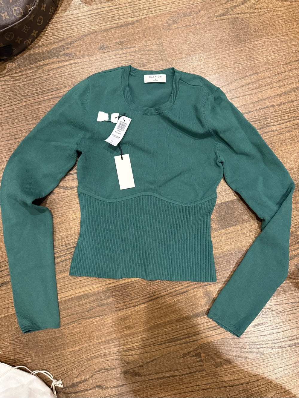 Babaton Teal-Green Ribbed Waist Long-Sleeve Top